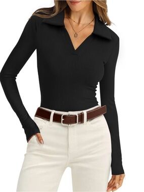 🎉Slim-fit long-sleeve polo, collared knit top V-neck businesscasual essentials.